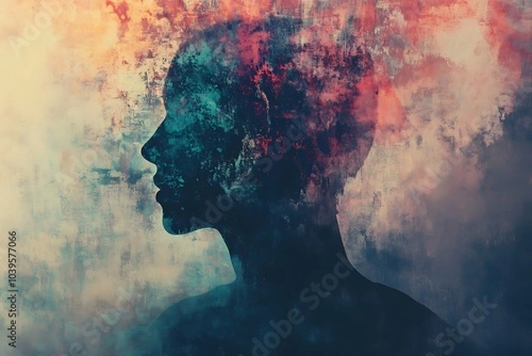 Fototapeta A surreal silhouette of a human figure with swirling clouds of red and blue, symbolizing the fusion of thoughts, emotions, and imagination in a dreamlike environment.