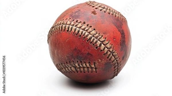 Fototapeta Worn baseball showing the effects of play, leather scuffed, and stitches slightly frayed, isolated on white background