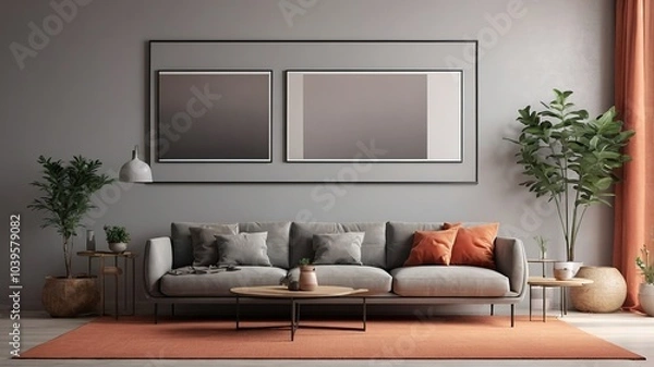 Fototapeta Minimalist Gray Living Room Interior with Kitchen and Two Poster Frames - 3D Rendering