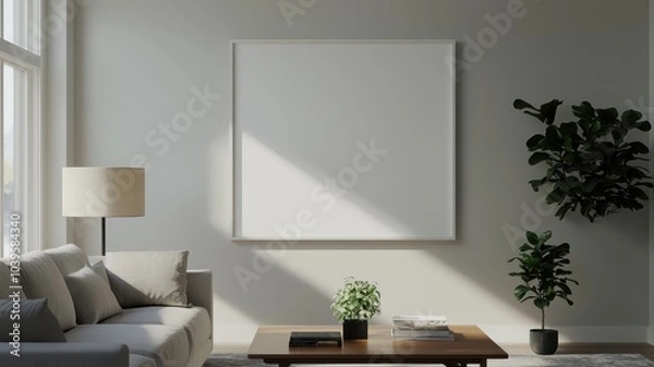 Fototapeta Cozy Scandinavian living room featuring a spacious white mock for a modern and inviting atmosphere.
