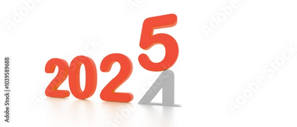 Obraz new year, happy new year 2025, 3d illustration of 2025 red 3d text turning year from 2021 to 2022. white background with empty space for tex