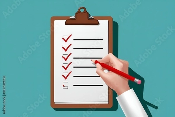 Obraz Hand holding business paper with checklist and pencil. Male hand signing document