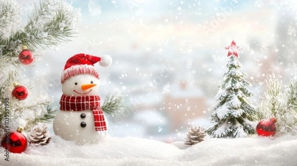 Fototapeta Playful Snowman in a Soft, Snowy Landscape