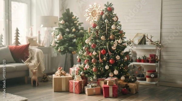 Fototapeta Big beautiful Christmas tree decorated with beautiful shiny baubles and many different gifts on wooden floor. White wall background with plenty of copy space for text. close up