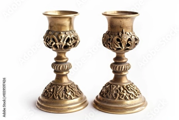 Fototapeta Ornate Brass Candle Holders Isolated On White Background