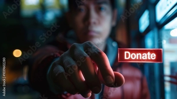 Fototapeta A persona??s hand hovering over a "Donate Now" button on a fake charity website, with a concerned look on their face, highlighting charity scams.