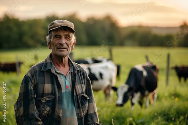 Fototapeta A farmer grazes cows in a meadow. Farm cattle concept
