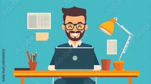 Fototapeta Happy Businessman Working on Laptop at Desk with Papers and a Lamp