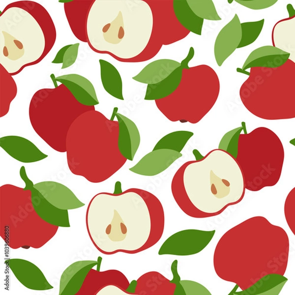 Fototapeta Red apple vector cartoon seamless pattern on a white background.