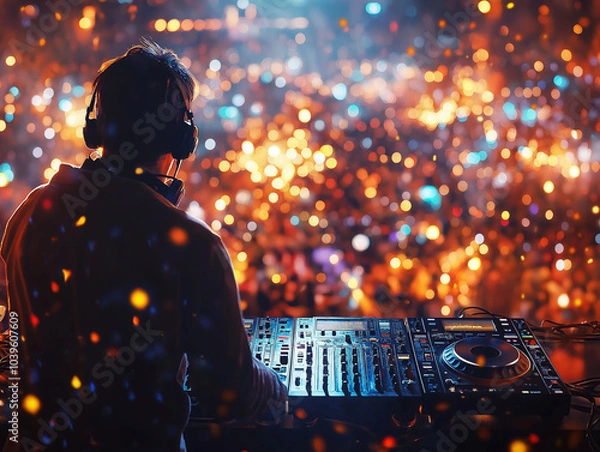 Obraz A DJ playing at a New Year's Eve party, colorful lights illuminating the scene, people dancing around