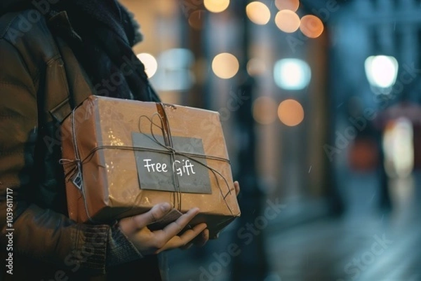Fototapeta A person receiving a suspicious package labeled as "Free Gift" with hidden fees attached, representing unsolicited gift scams.