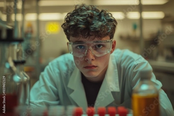 Fototapeta Young scientist in a lab focused on experimentation. He wears safety glasses and a white coat. The atmosphere is serious and educational. Generative AI.