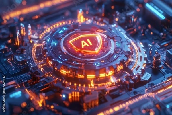 Fototapeta A chip set with Ai inscription in the shape of a shield. small human figures on the chip set
