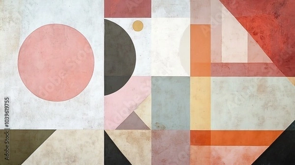 Fototapeta Abstract geometric shapes and colors on textured canvas.
