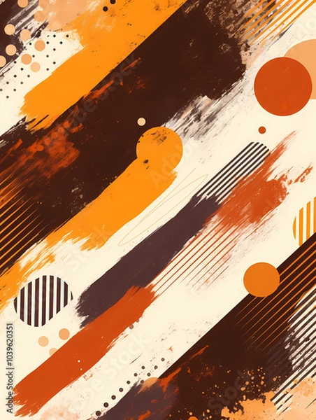 Fototapeta Abstract background with warm orange and brown hues, featuring diagonal brush strokes, geometric shapes, and a textured effect.