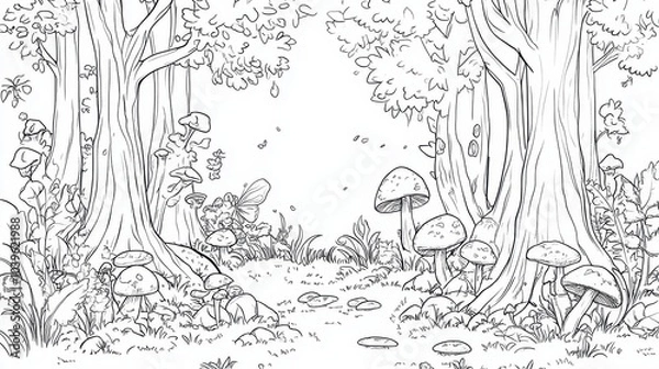 Fototapeta A whimsical forest path filled with mushrooms and lush trees invites adventures in a magical escape during a sunny day, coloring page