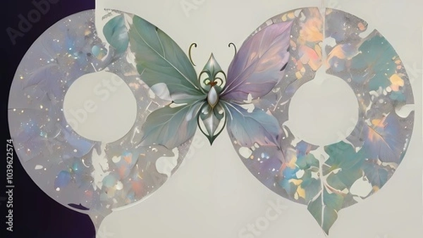 Fototapeta 緑と紫背景アールヌーヴォー模様縦長モチーフキラキラ花と真珠背景画像	
