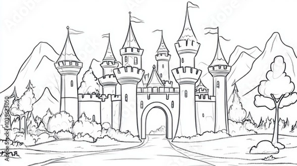 Fototapeta A whimsical castle surrounded by mountains and trees in a magical land filled with imaginary adventures and vibrant colors, coloring page