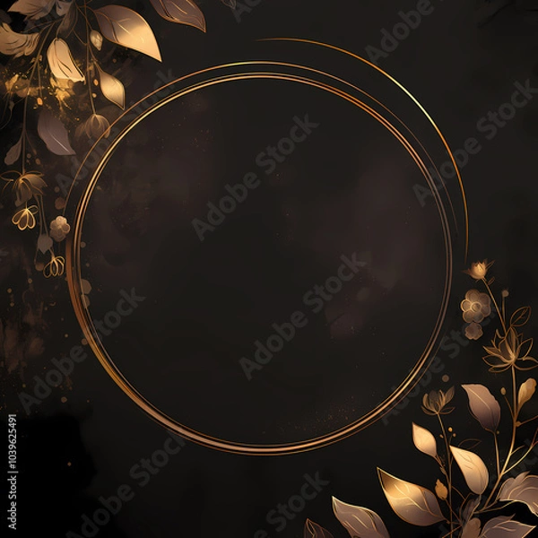 Fototapeta Elegant gold frame on a black background with delicate floral details on the side. Perfect for invitations, announcements, or adding a touch of luxury to your designs.