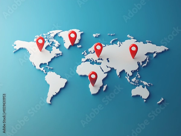Fototapeta Map with location pins indicating global points of interest