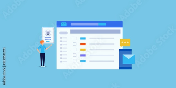 Fototapeta Business woman interacts with email interface, secure login access and information message communication privacy, safety technology conceptual vector illustration.
