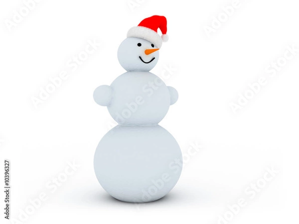 Fototapeta 3d illustration of snowman in red santa`s hat