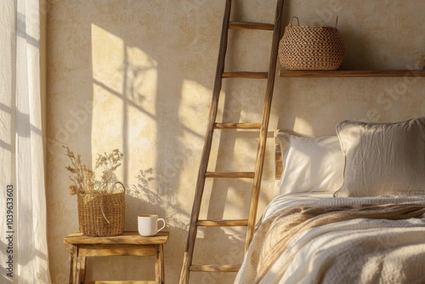 Fototapeta cozy bedroom scene featuring wooden ladder, woven basket, and cup on small table. warm sunlight casts soft shadows, creating serene and inviting atmosphere
