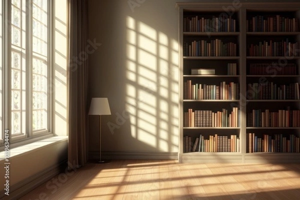 Fototapeta A serene reading nook bathed in natural light with a cozy atmosphere and elegant bookshelves for book lovers