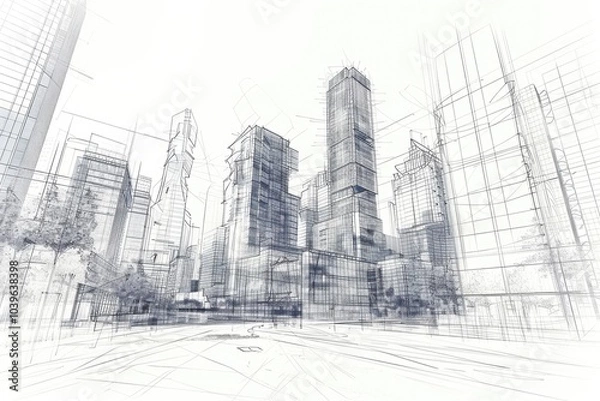 Fototapeta City and office sketch of an architect  City and office sketch of an architect