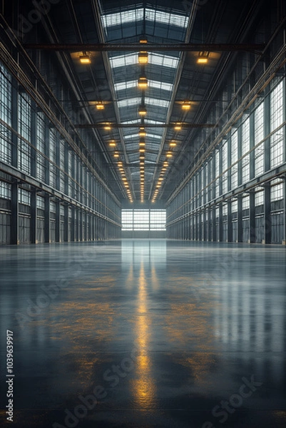 Fototapeta A large, empty industrial building with a yellow light shining down on the floor
