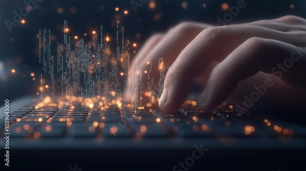 Fototapeta A hand is typing on a keyboard with a glowing background