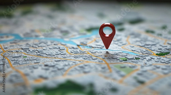 Fototapeta Red location pin on a map with a blurred background