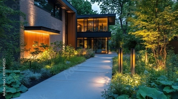 Obraz Illuminated pathway in front of a modern house, soft lighting highlighting the garden lush plants and sleek design elements.