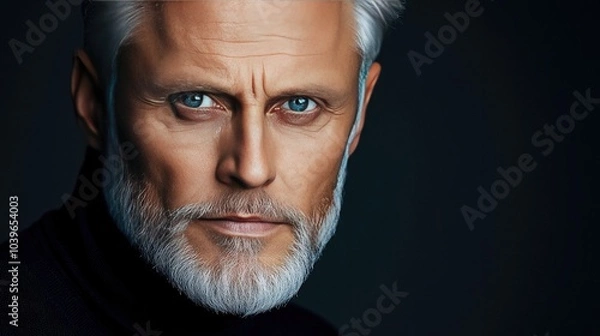 Fototapeta Distinguished elderly man with silver hair and beard on black background