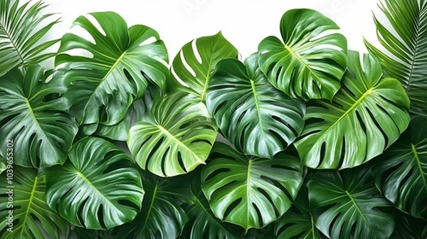 Obraz A vibrant arrangement of tropical leaves in various shapes and sizes.