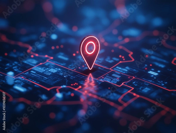 Fototapeta Digital map with location marker glowing in city