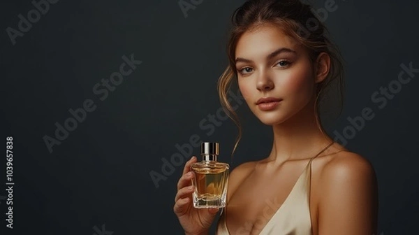 Obraz portrait, beautiful young woman holding a glass perfume bottle in her hands on a dark gray background, concept on a perfume theme, copy space