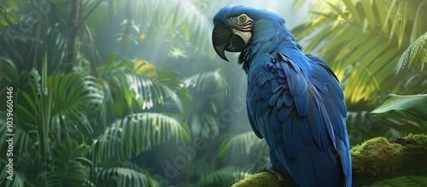 Fototapeta Rescued hyacinth macaw in aviary with space for text. with copyspace image