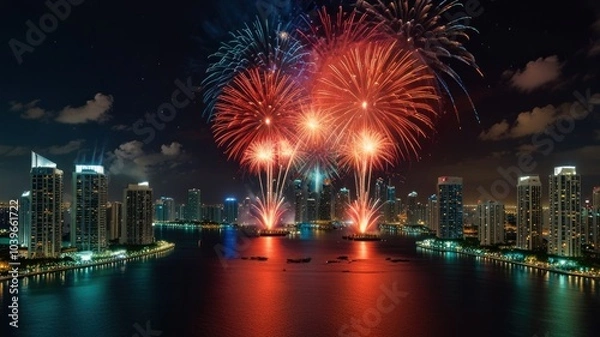 Fototapeta A vibrant display of fireworks exploding over a cityscape with tall buildings reflected in the water.