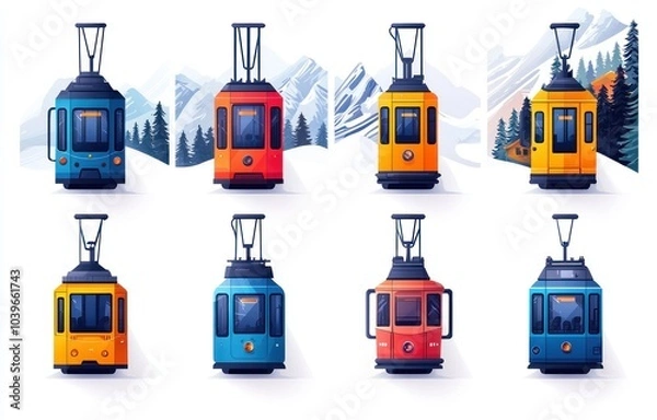 Fototapeta colorful cable cars suspended on wires, featuring red, yellow, and orange designs, minimalist style with city skyline background Generative AI