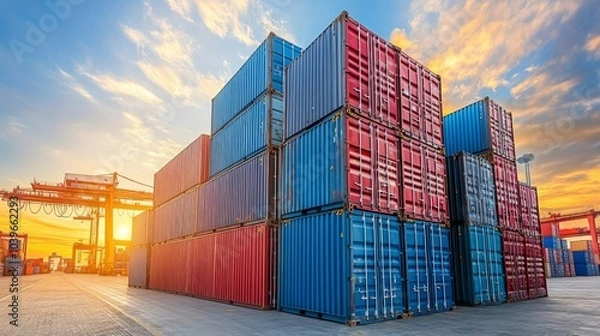 Fototapeta Panoramic View of Stacked Shipping Containers at Terminal