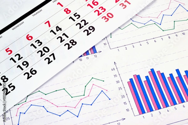 Fototapeta Photo diagrams and graphs on the paper with a monthly calendar