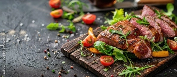 Fototapeta On the table there is a fresh appetizer consisting of a smoked meat magret and a salad with duck breast making for an enticing meal with a food background and copy space image