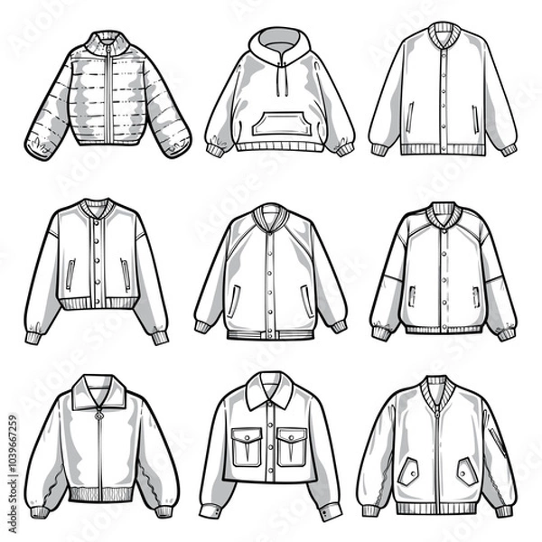 Fototapeta A collection of black and white line art jackets showcasing various styles