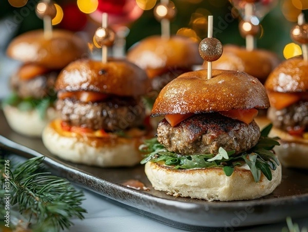 Obraz Mini sliders with festive New Year's  toothpicks, arranged on a sleek platter, guests mingling in the background