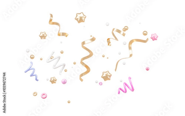 Fototapeta Golden confetti and floating firecracker, gold ribbons and twinkles for congratulation, 3d rendering.