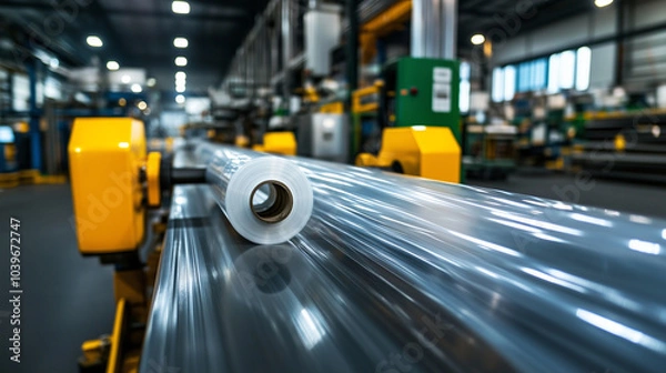 Fototapeta A polyethylene film being stretched over large rotating rollers, with modern factory equipment in the background, highlighting the continuous flow of plastic production.