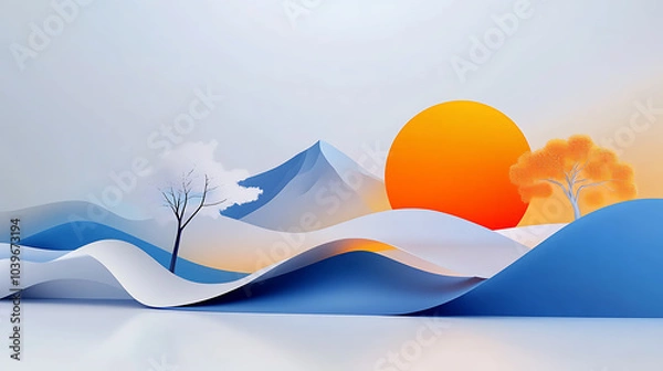 Fototapeta A minimalist paper craft illustration featuring a mountain range, two trees, and a large orange sun. The landscape is a combination of white, blue, and orange.