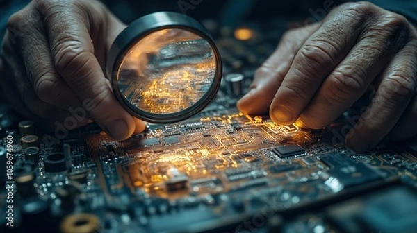 Fototapeta Close up of Engineer's Hands Examining Circuit Board