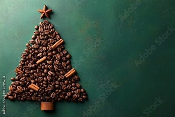 Fototapeta Flat lay Creative Christmas tree made of coffee beans and cinnamon, dark green background with copy space. Concept: New Year, edible Christmas trees, festive celebrations, aromatic herbs